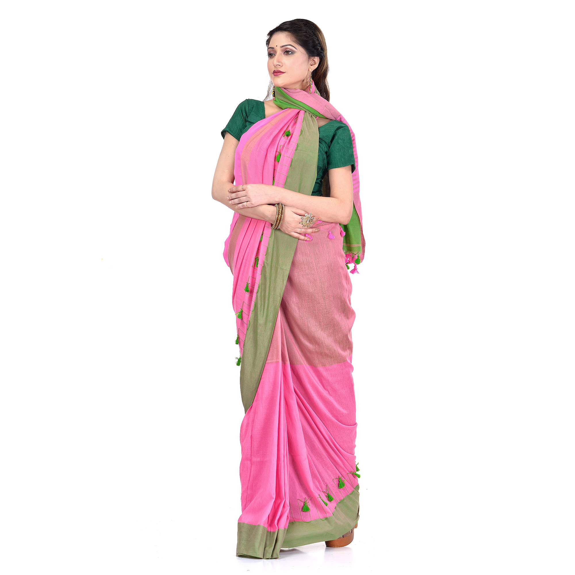 DESH BIDESH Women`s Traditional Bengali Handloom Tant Pure Cotton Saree Pompom Desigined With Blouse Piece (Pink Green)